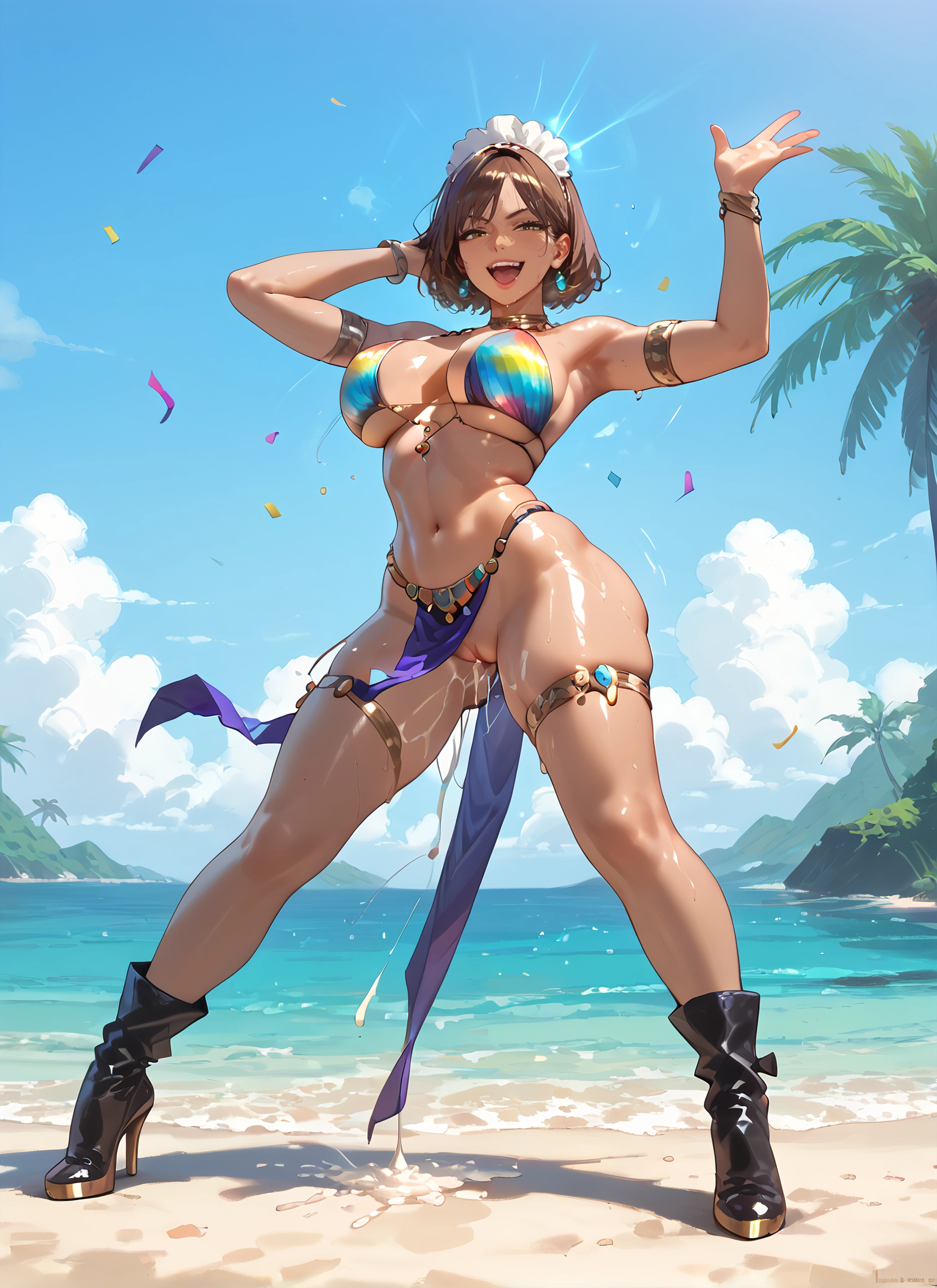 1girl, breasts, solo, jewelry, beach, boots · Yamete.gg