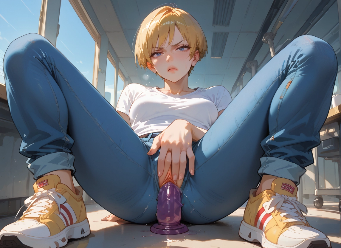 1girl, blonde hair, solo, sex toy, short hair, blue eyes · Yamete.gg