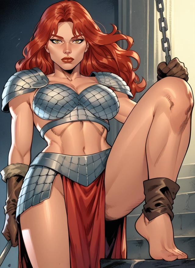 1girl, armor, barefoot, breasts, gloves, solo · Yamete.gg