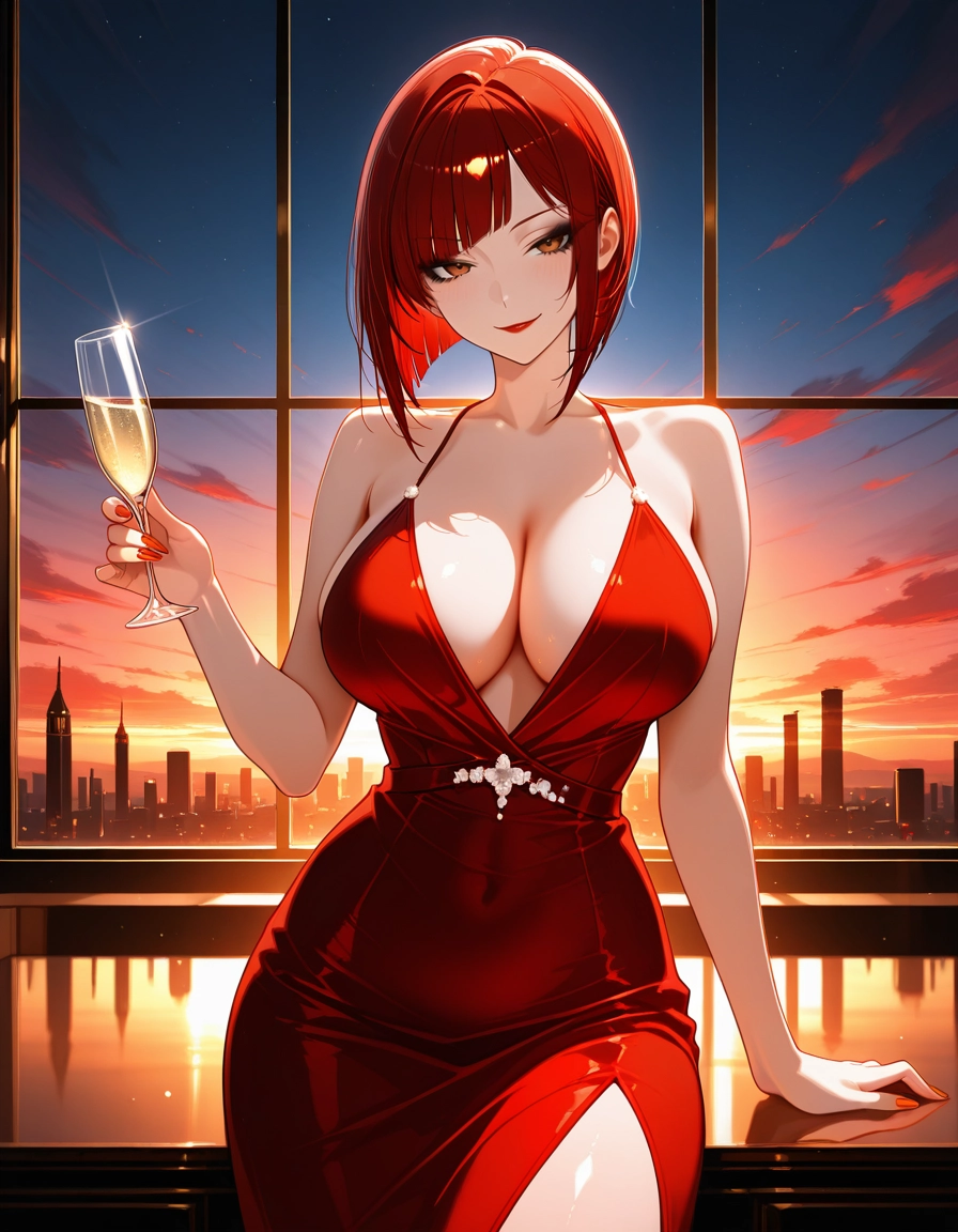 1girl, breasts, dress, red hair, red dress, large breasts · Yamete.gg