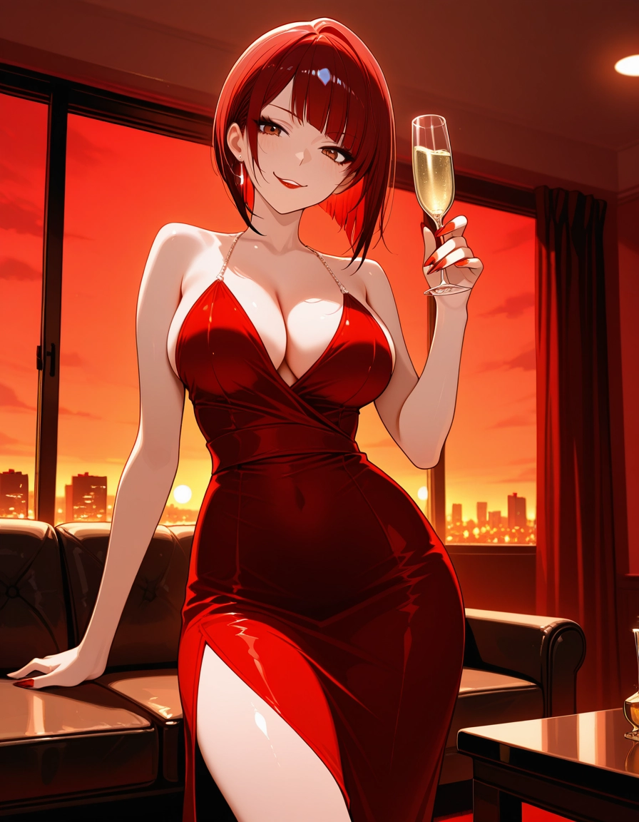 1girl, breasts, dress, red hair, solo, cup · Yamete.gg