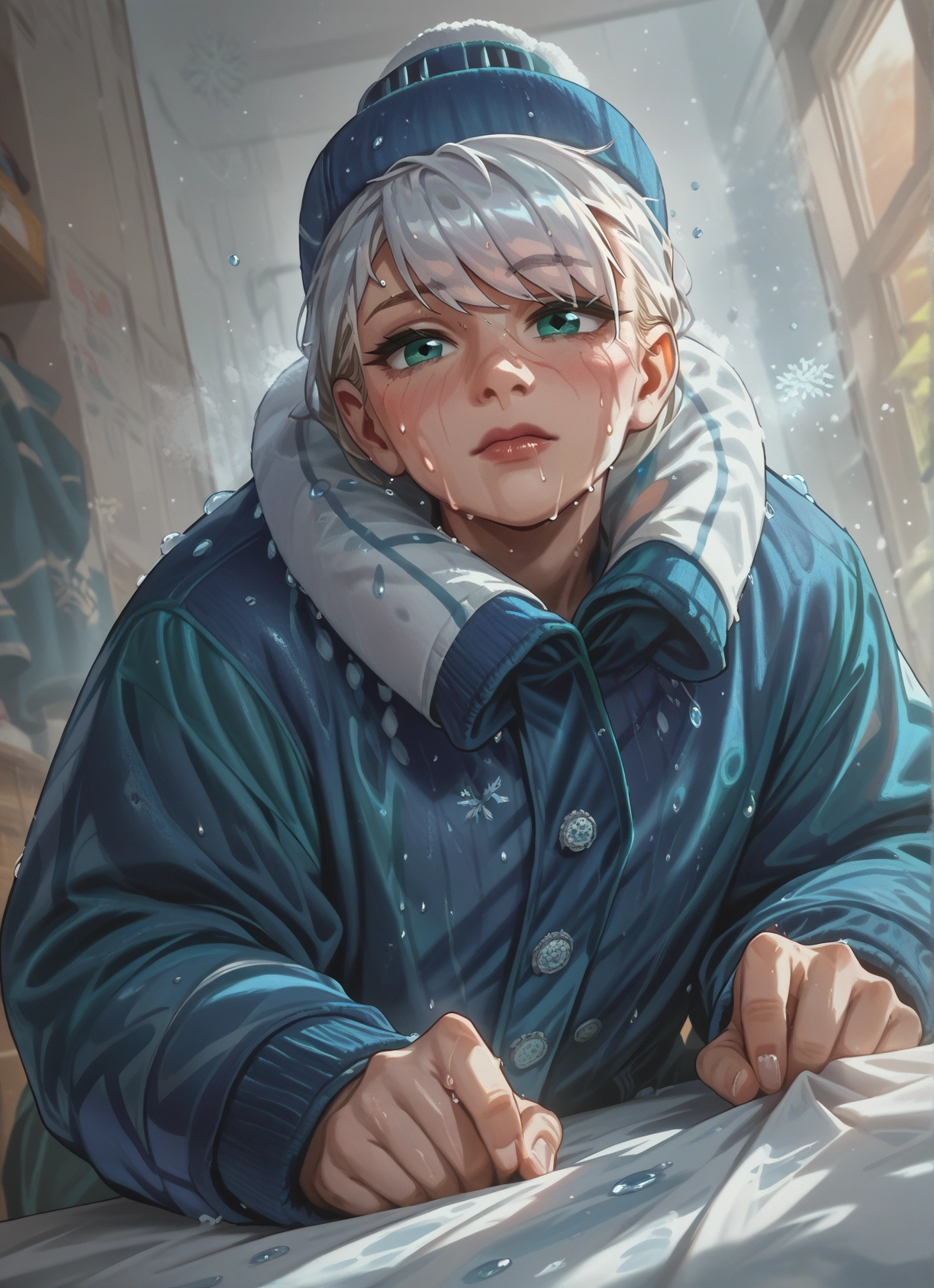 hat, beanie, looking at viewer, 1girl, solo, snowflakes