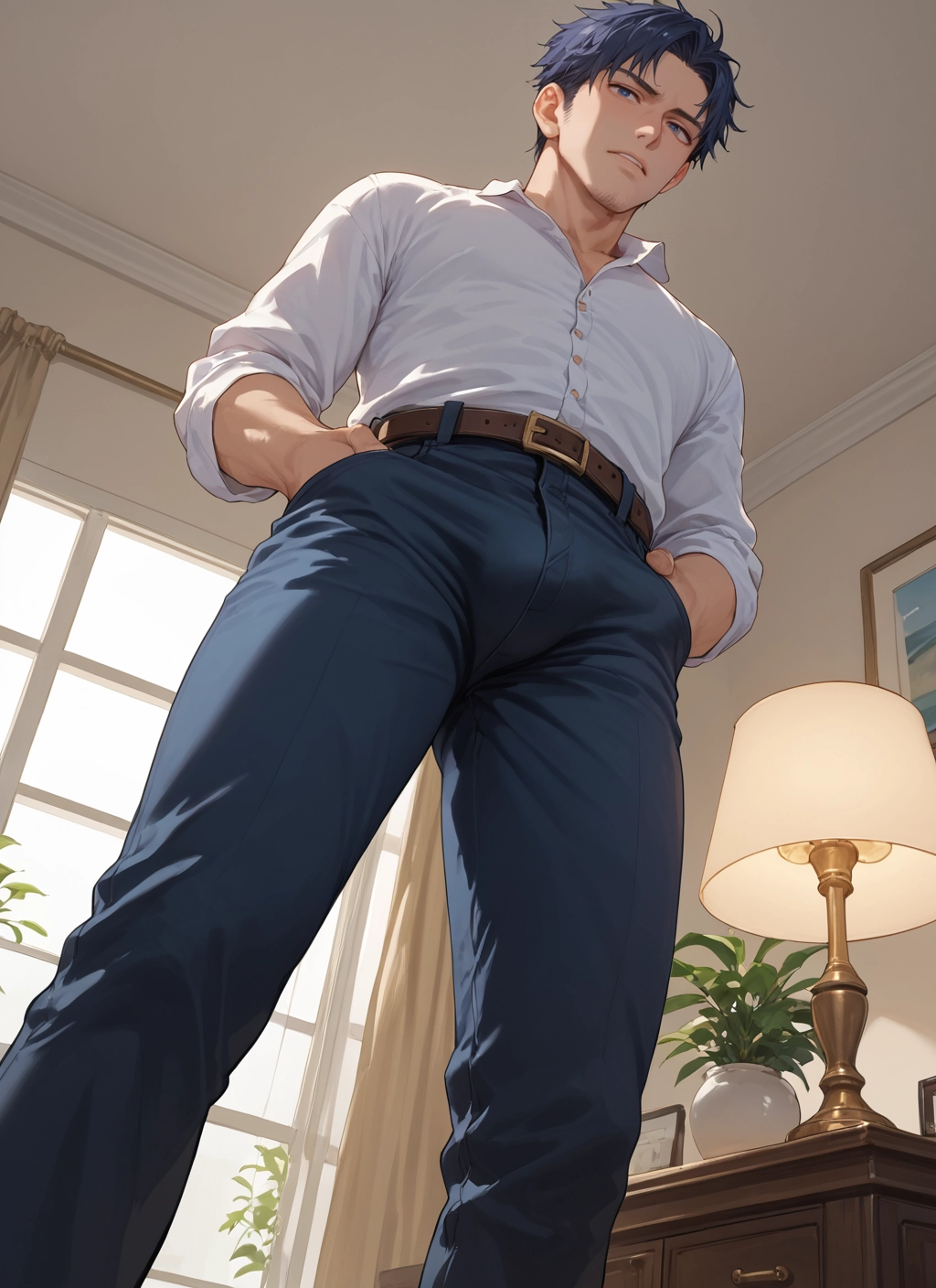 1boy, male focus, solo, pants, shirt, facial hair · Yamete.gg