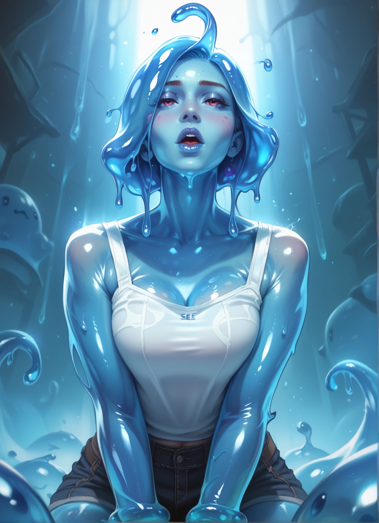 1girl, breasts, monster girl, slime girl, jewelry, shorts · Yamete.gg