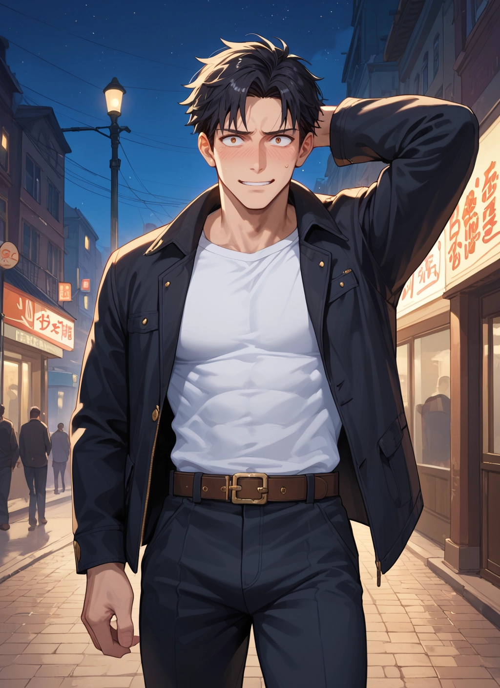 male focus, jacket, blush, black hair, belt, pants · Yamete.gg