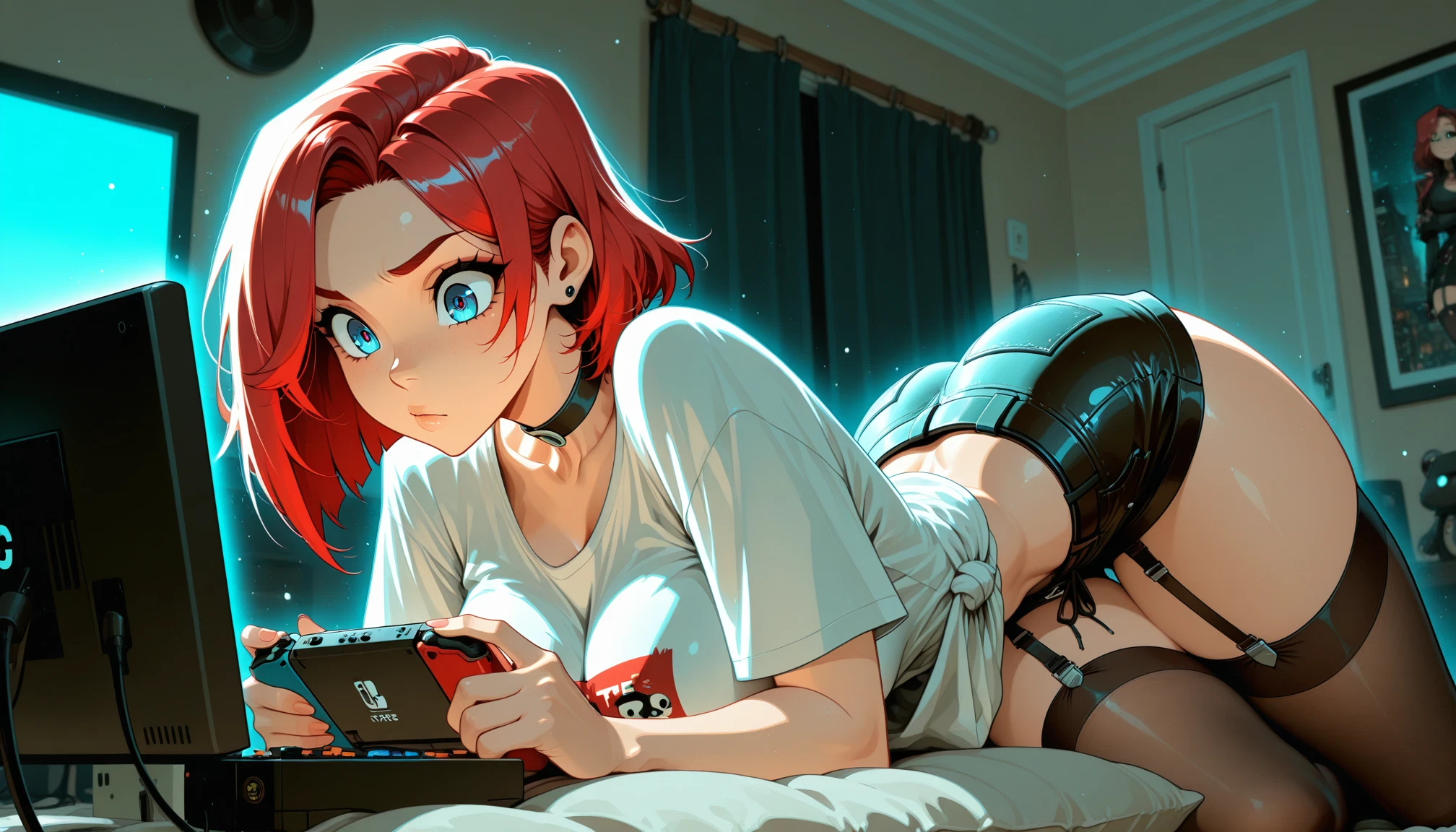 1girl, red hair, thighhighs, blue eyes, shirt, breasts · Yamete.gg