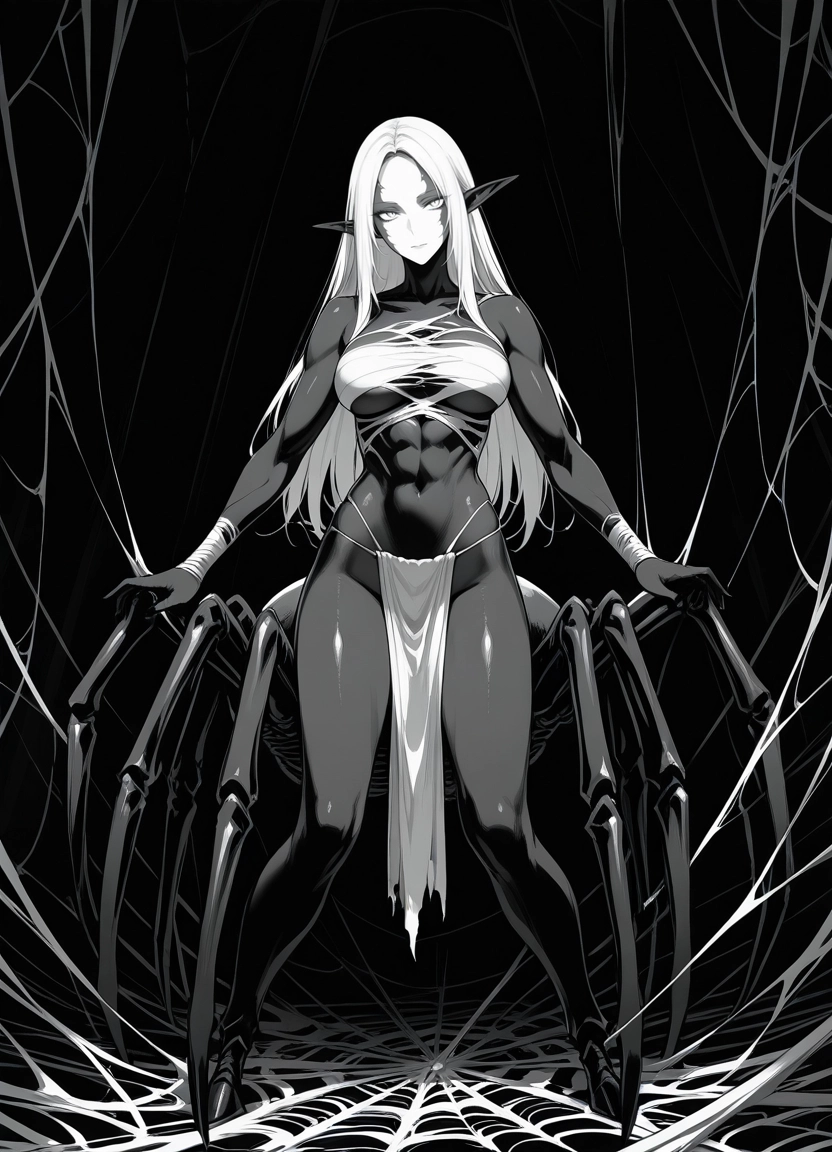 1girl, solo, pointy ears, monochrome, spider web, greyscale