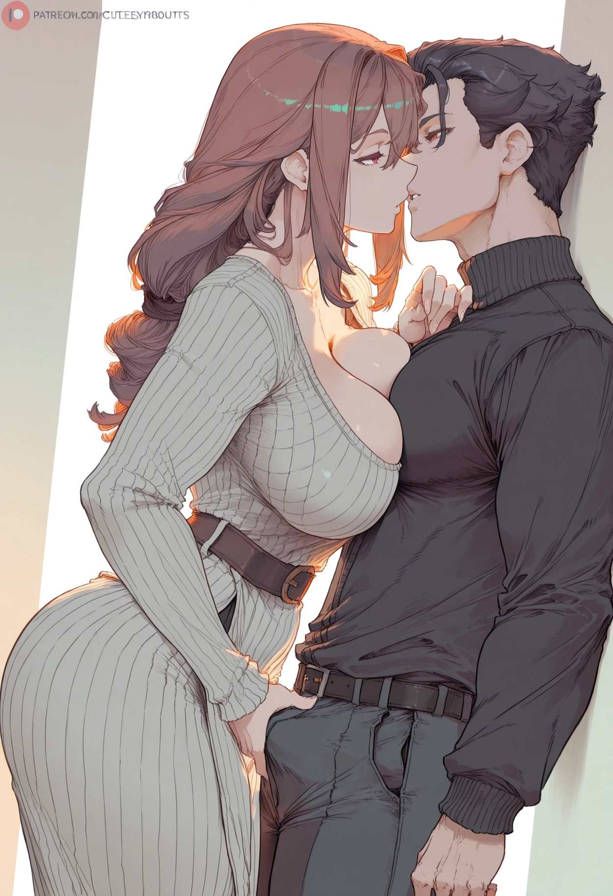 1girl, breasts, 1boy, hetero, belt, bulge · Yamete.gg