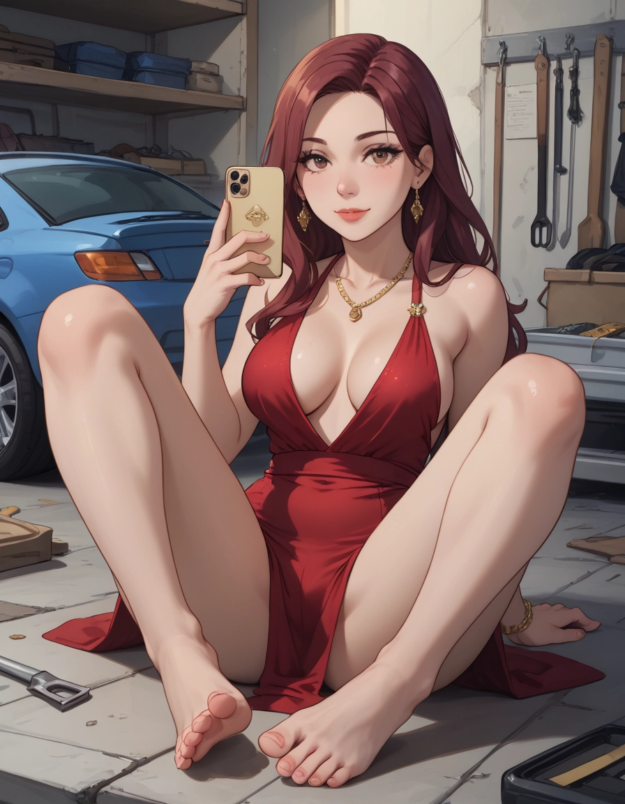 1girl, breasts, barefoot, jewelry, dress, phone · Yamete.gg