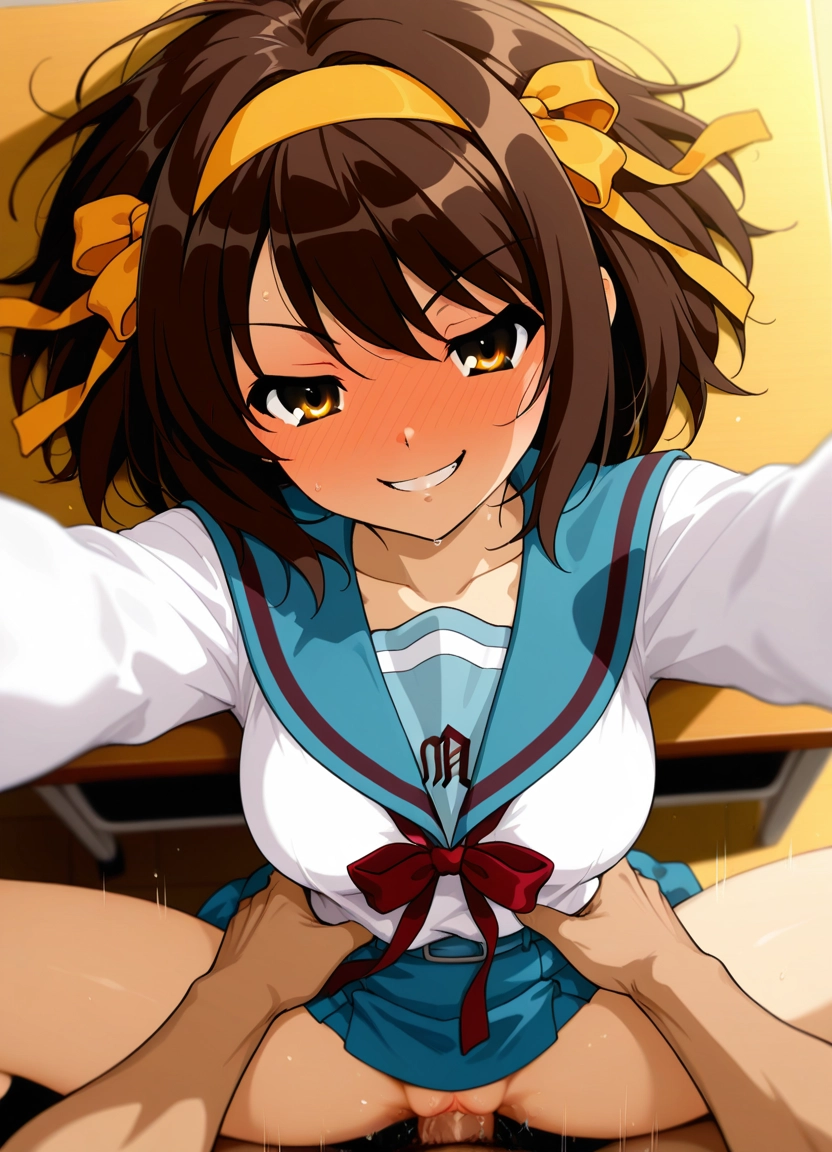 1girl, hetero, 1boy, blue sailor collar, suzumiya haruhi, sailor collar · Yamete.gg