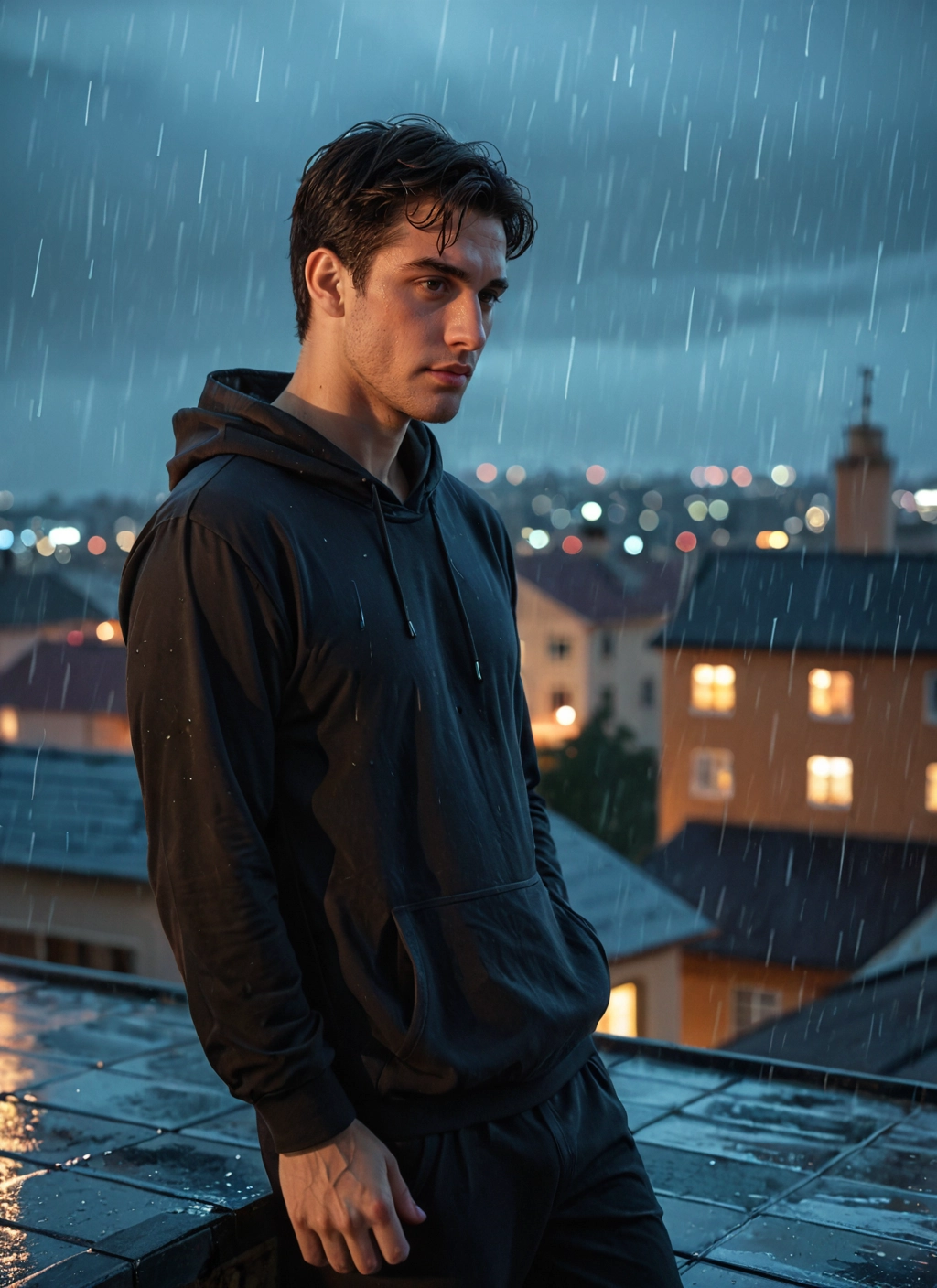 1boy, male focus, rain, solo, hood, hoodie · Yamete.gg