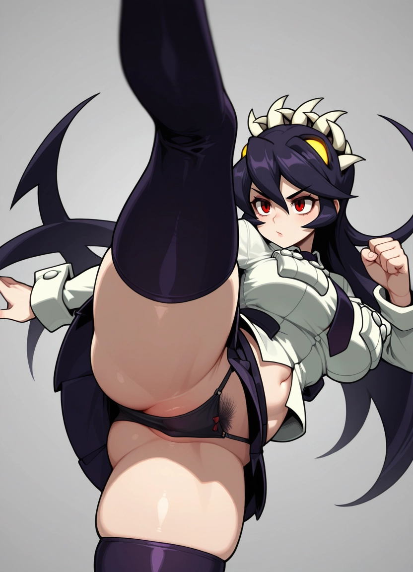 1girl, filia (skullgirls), breasts, kicking, thighhighs, solo · Yamete.gg