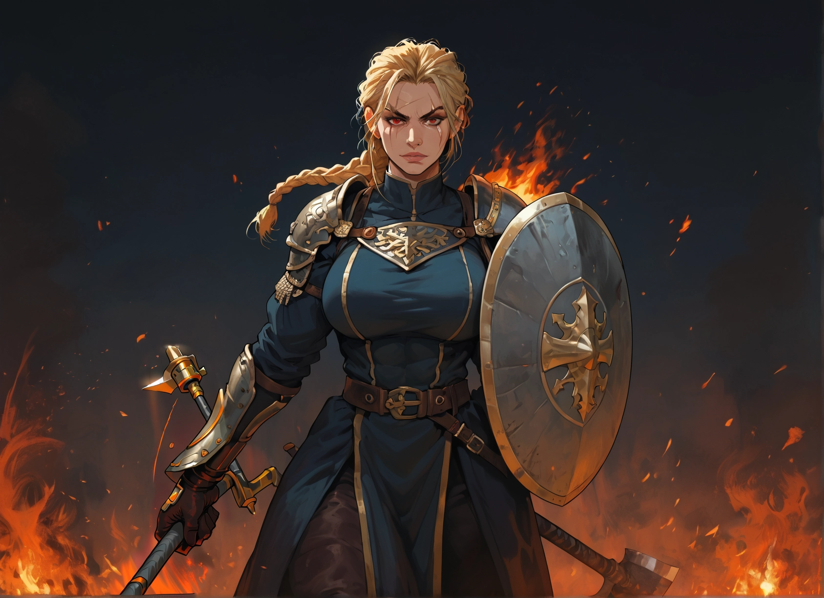1girl, weapon, sword, shield, braid, blonde hair · Yamete.gg