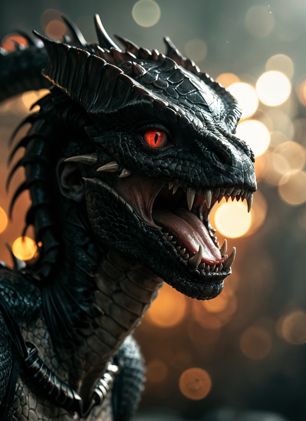no humans, open mouth, tongue, blurry, red eyes, teeth