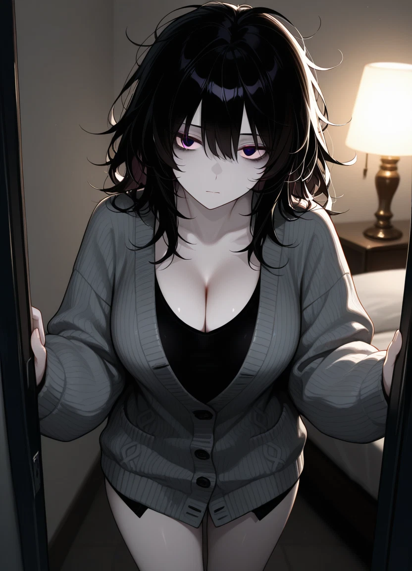 1girl, breasts, solo, messy hair, black hair, cleavage · Yamete.gg
