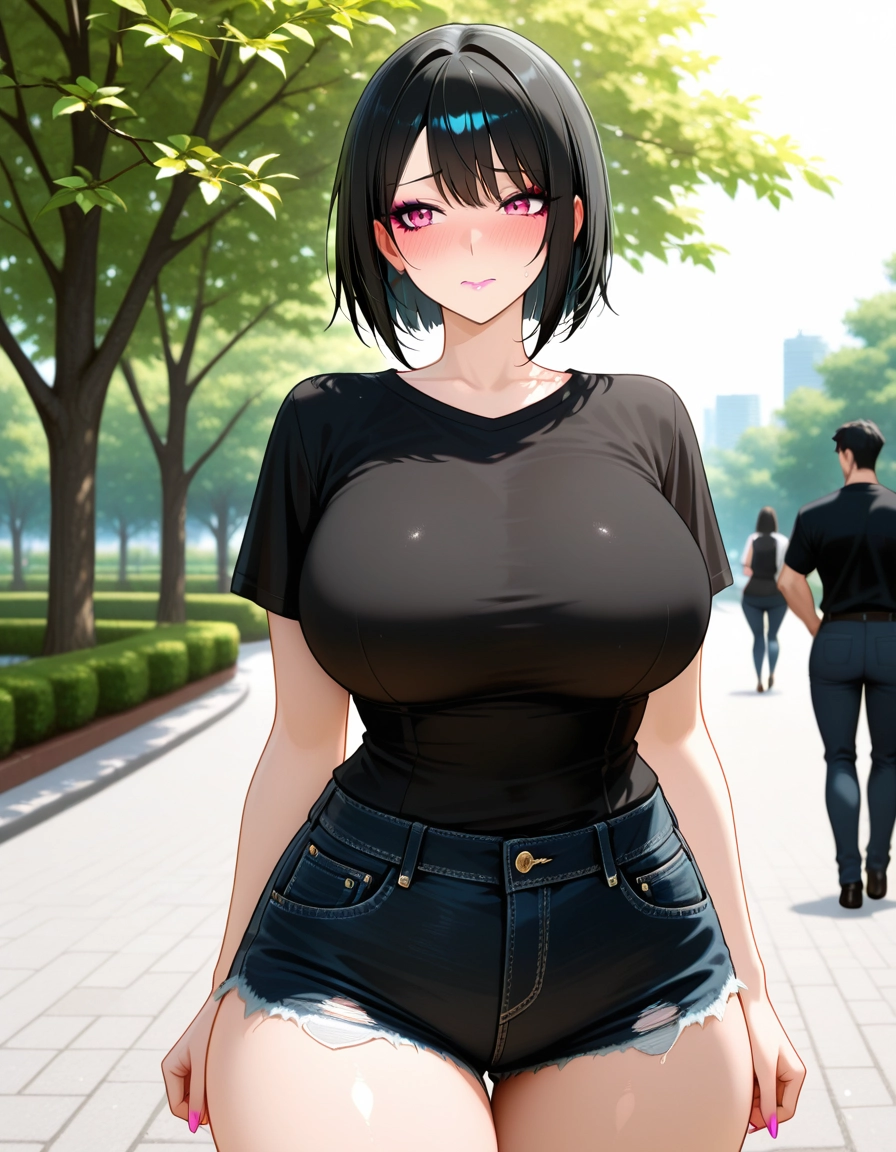 breasts, shirt, shorts, black hair, denim, outdoors · Yamete.gg