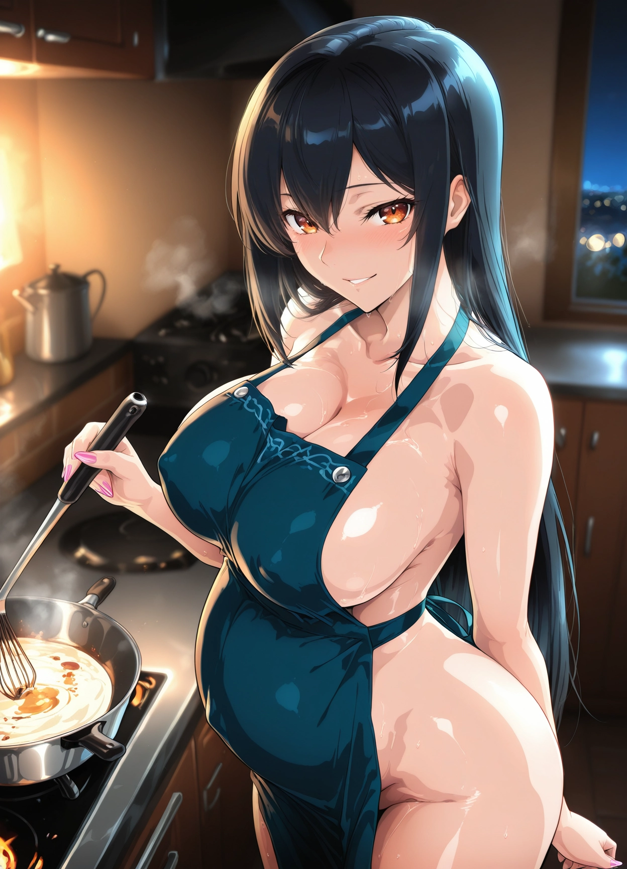 1girl, breasts, black hair, apron, long hair, solo · Yamete.gg