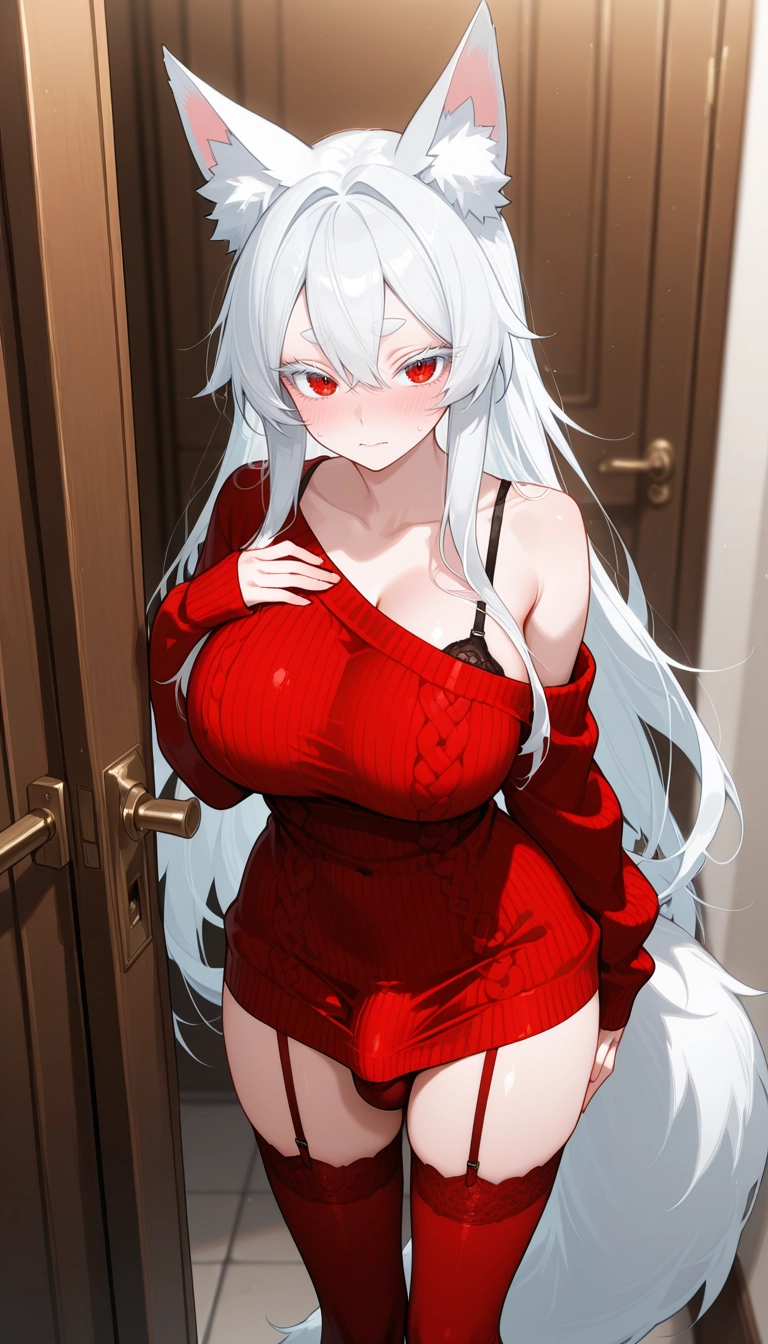 futanari, 1girl, red thighhighs, breasts, solo, red eyes