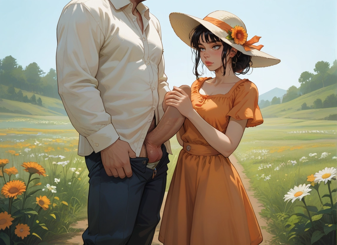 1girl, 1boy, outdoors, hat, penis, flower · Yamete.gg