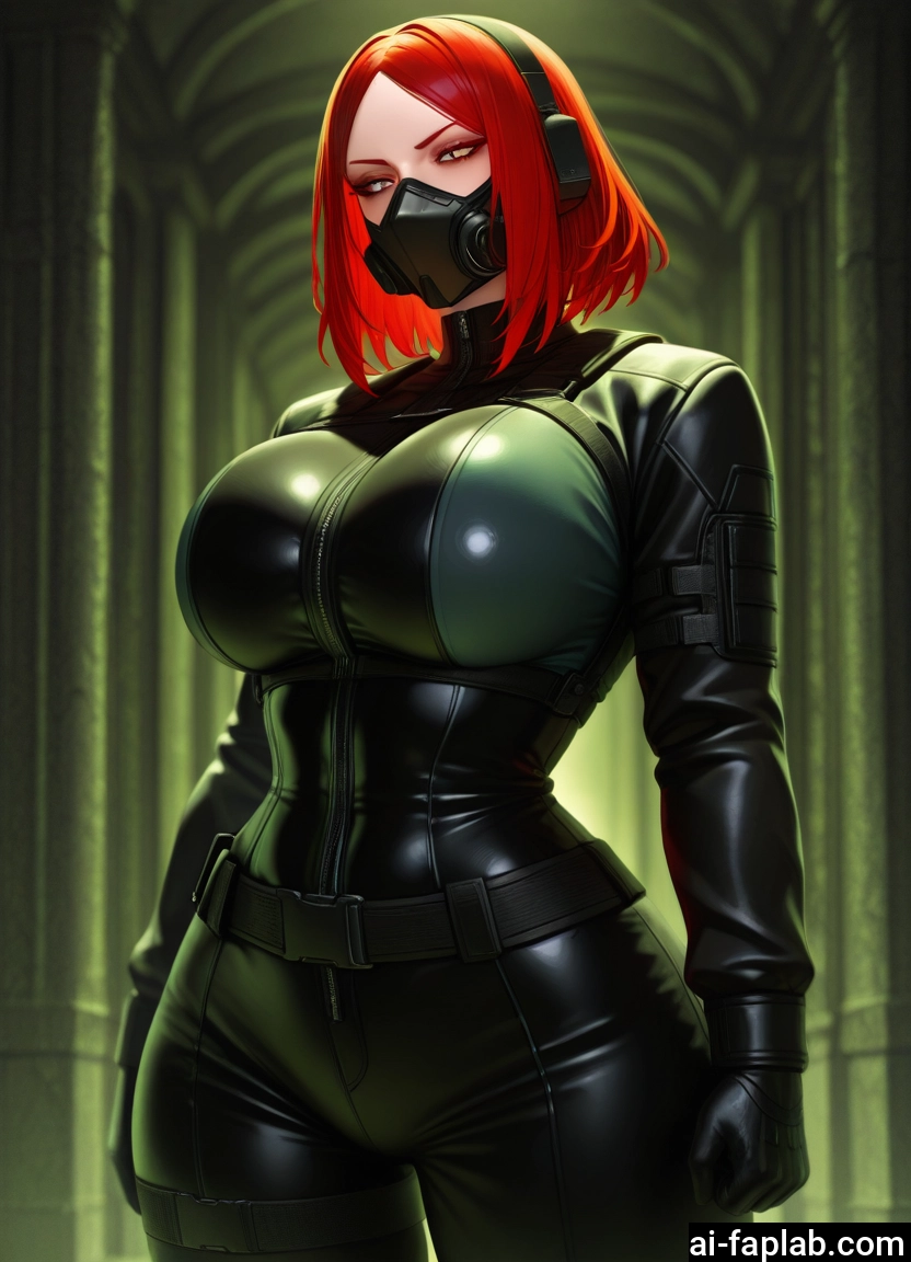 1girl, breasts, bodysuit, mask, red hair, solo