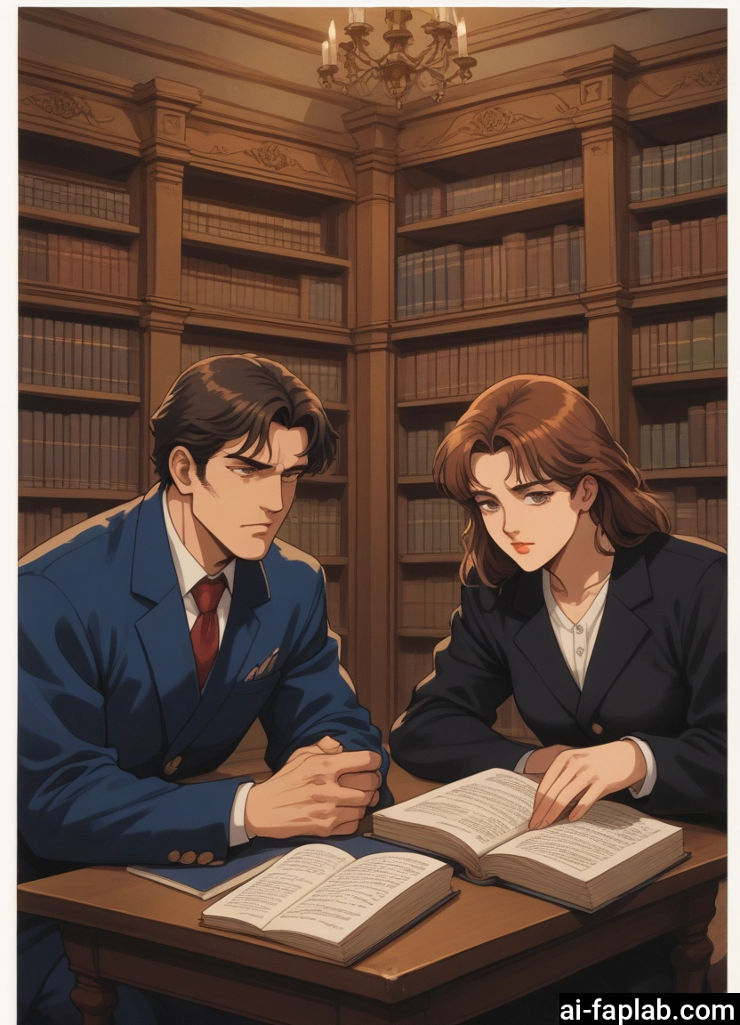 1girl, 1boy, book, brown hair, necktie, bookshelf · Yamete.gg