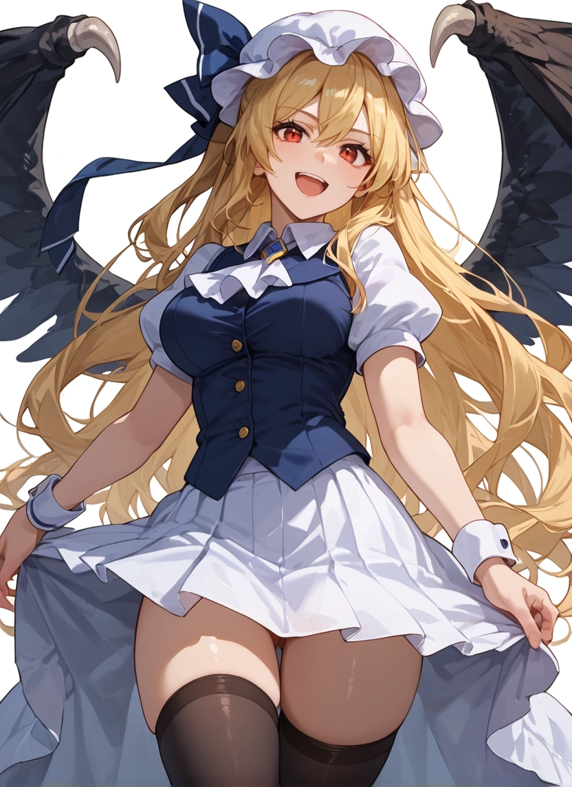 1girl, thighhighs, long hair, blonde hair, wings, skirt · Yamete.gg