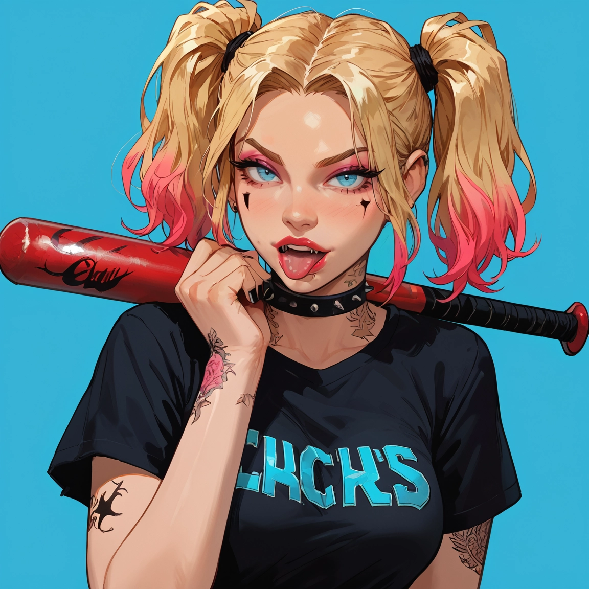 1girl, twintails, solo, blonde hair, tongue, baseball bat · Yamete.gg