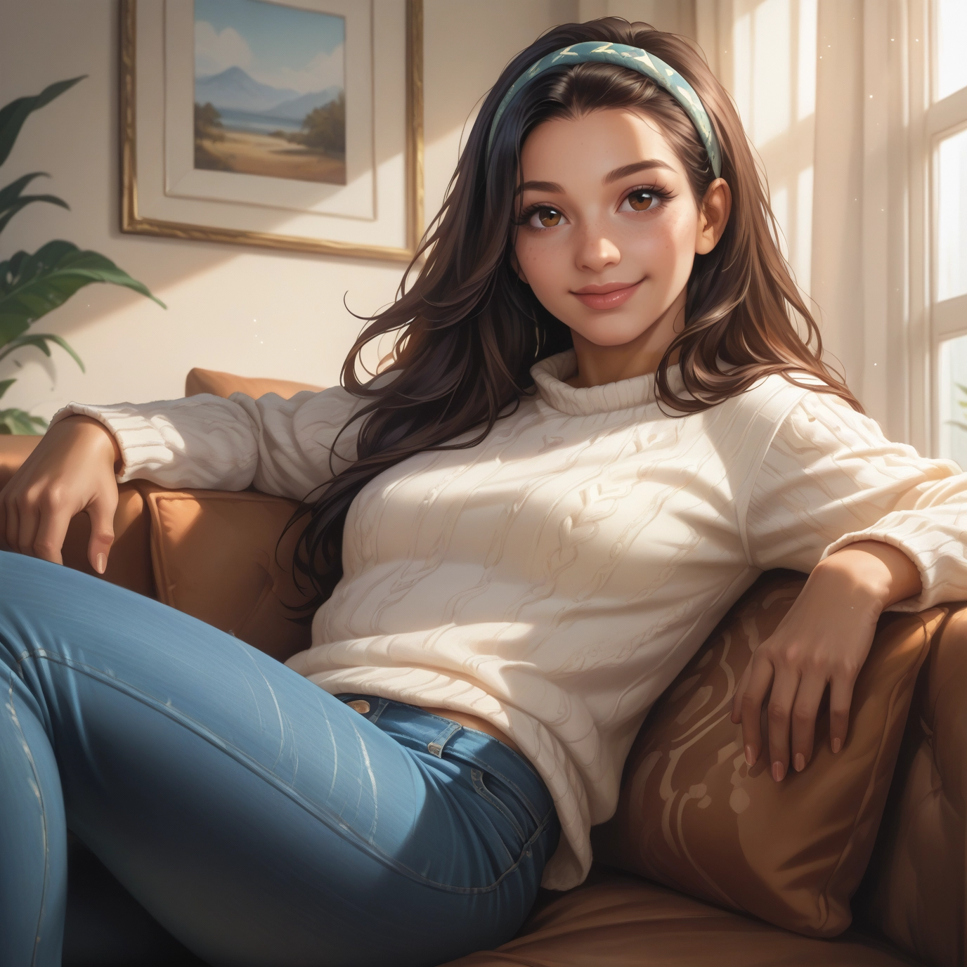 1girl, solo, pants, sweater, brown eyes, brown hair · Yamete.gg