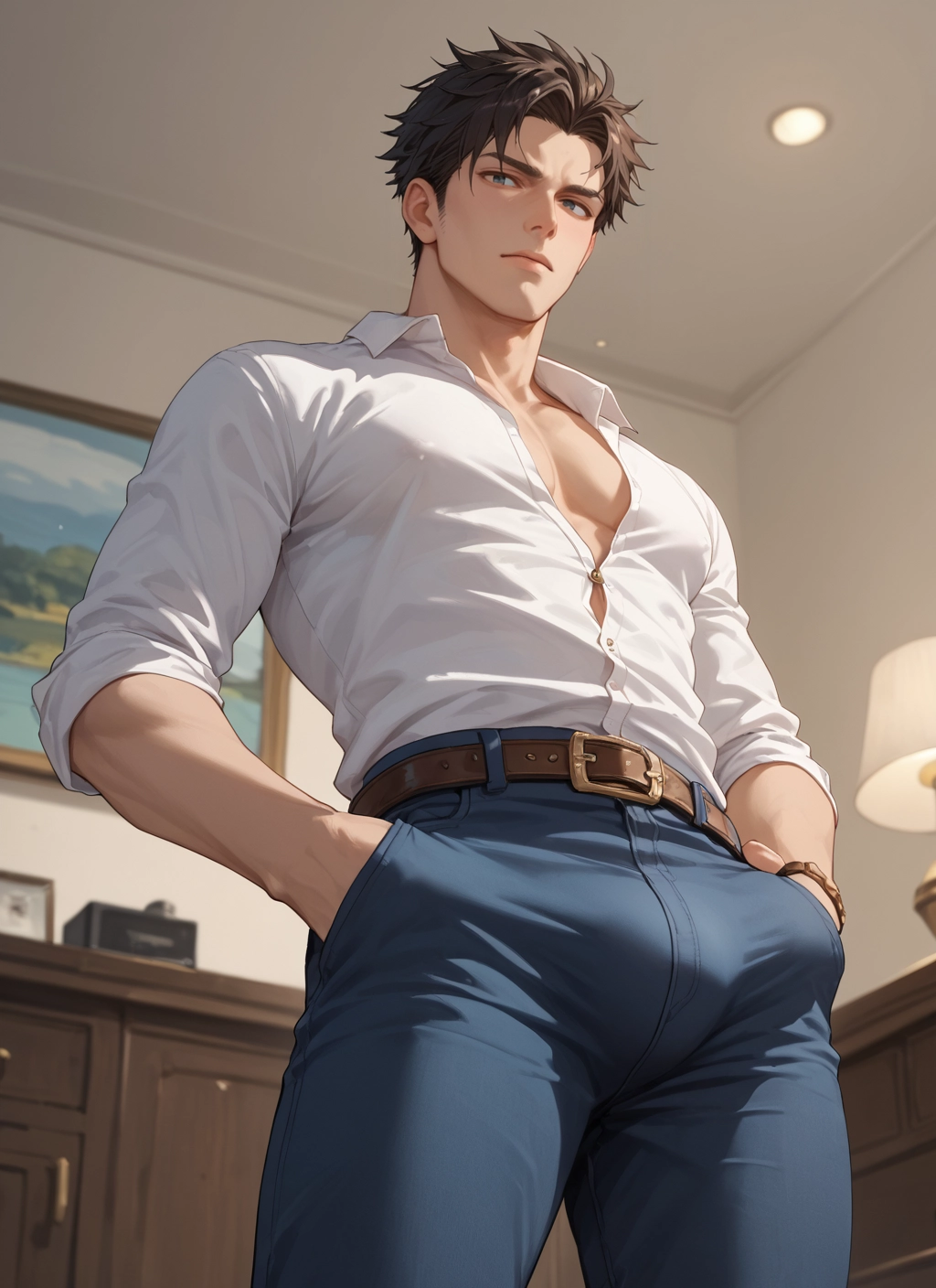 male focus, 1boy, solo, pants, pectorals, shirt