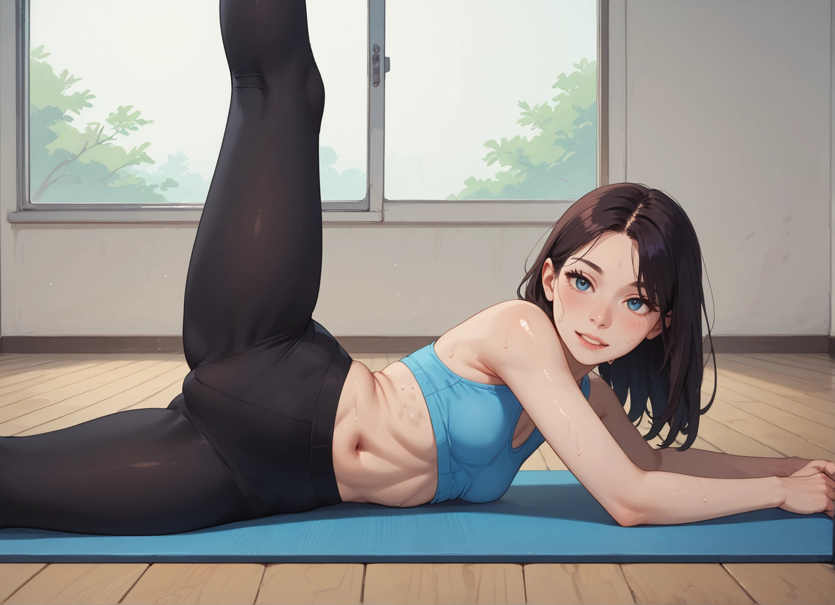 1girl, solo, blue eyes, navel, breasts, indoors