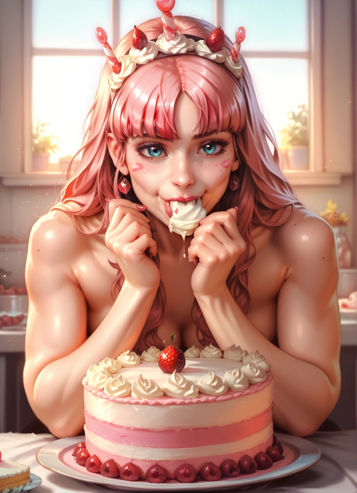 1girl, food, pink hair, solo, cake, fruit · Yamete.gg