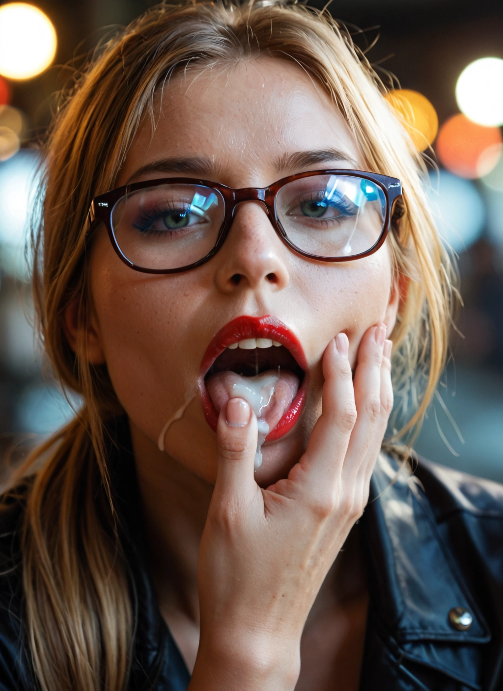 1girl, solo, glasses, cum, cum in mouth, blonde hair