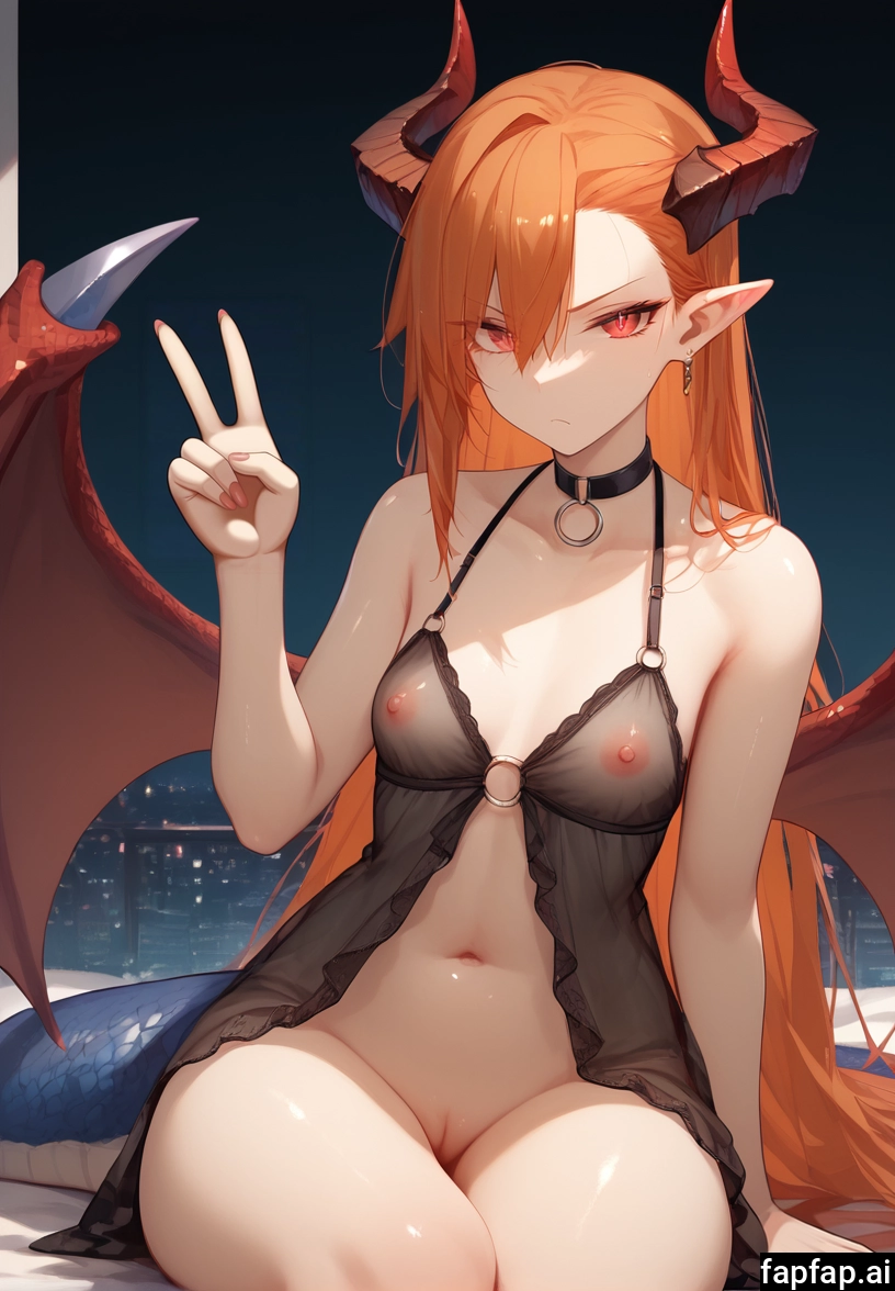1girl, solo, horns, breasts, long hair, red eyes · Yamete.gg