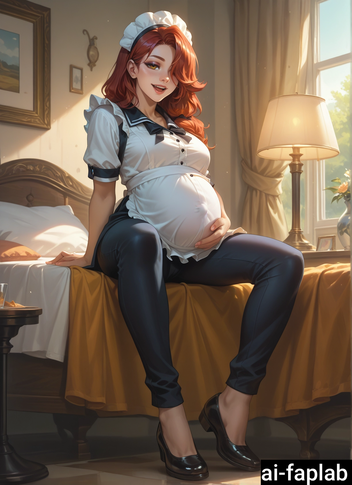1girl, sitting, maid, solo, indoors, pregnant · Yamete.gg