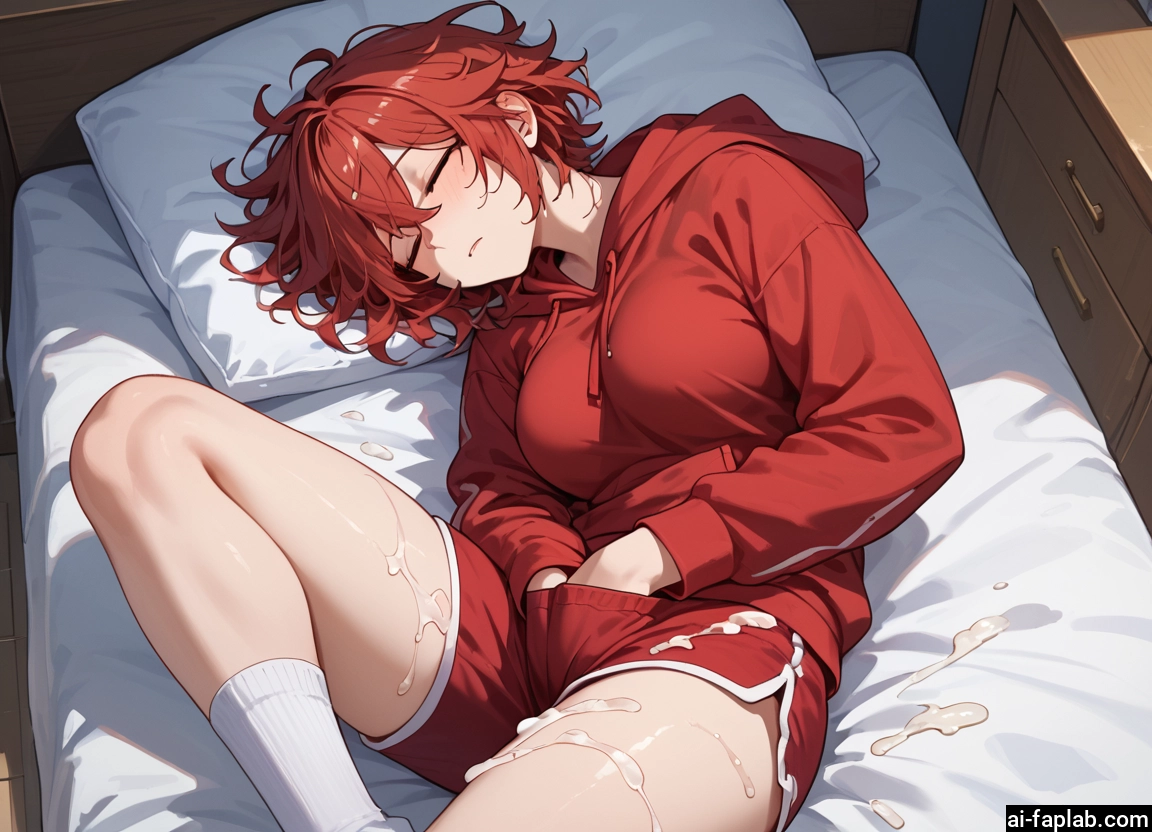 1girl, shorts, cum, breasts, short hair, red hair · Yamete.gg