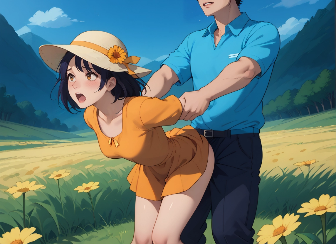 1girl, 1boy, outdoors, hat, flower, dress · Yamete.gg