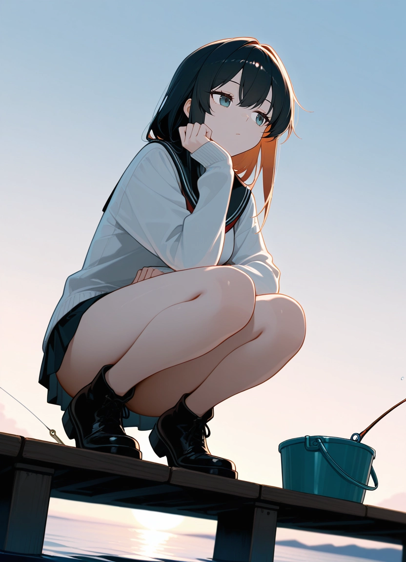 1girl, solo, squatting, skirt, school uniform, long hair · Yamete.gg