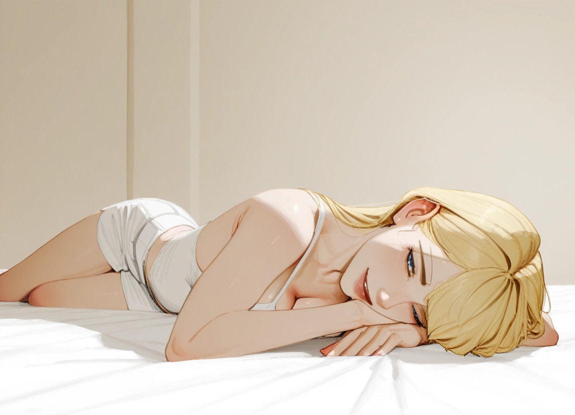 1girl, blonde hair, breasts, blue eyes, shorts, lying
