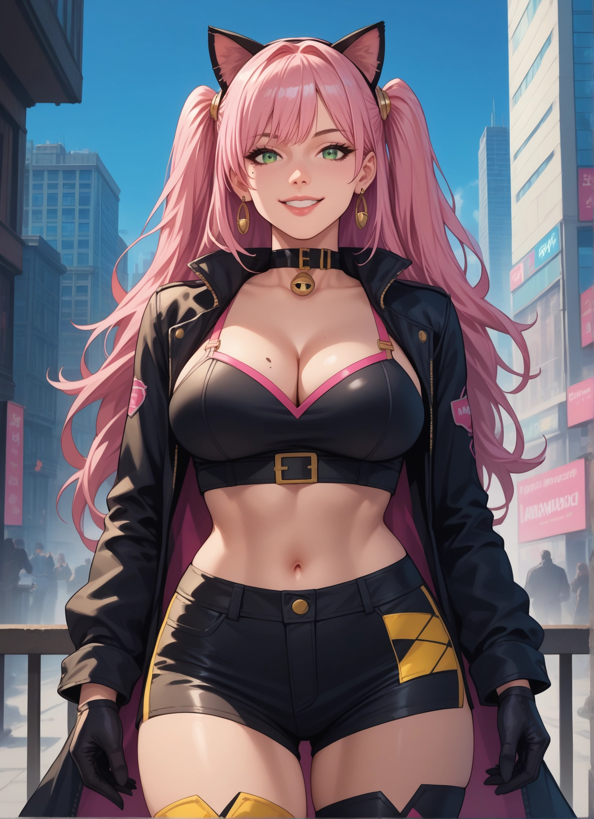 breasts, 1girl, gloves, animal ears, green eyes, pink hair · Yamete.gg