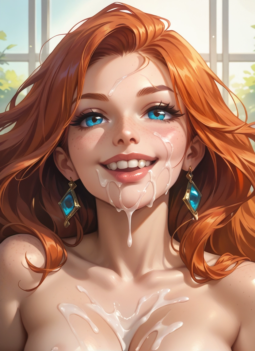 1girl, freckles, solo, cum, earrings, jewelry · Yamete.gg