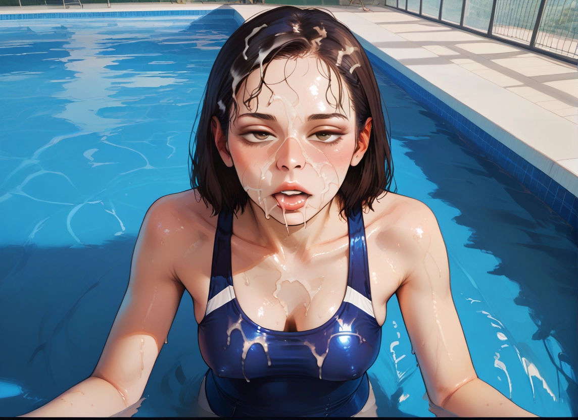 1girl, breasts, swimsuit, cum, solo, one-piece swimsuit · Yamete.gg