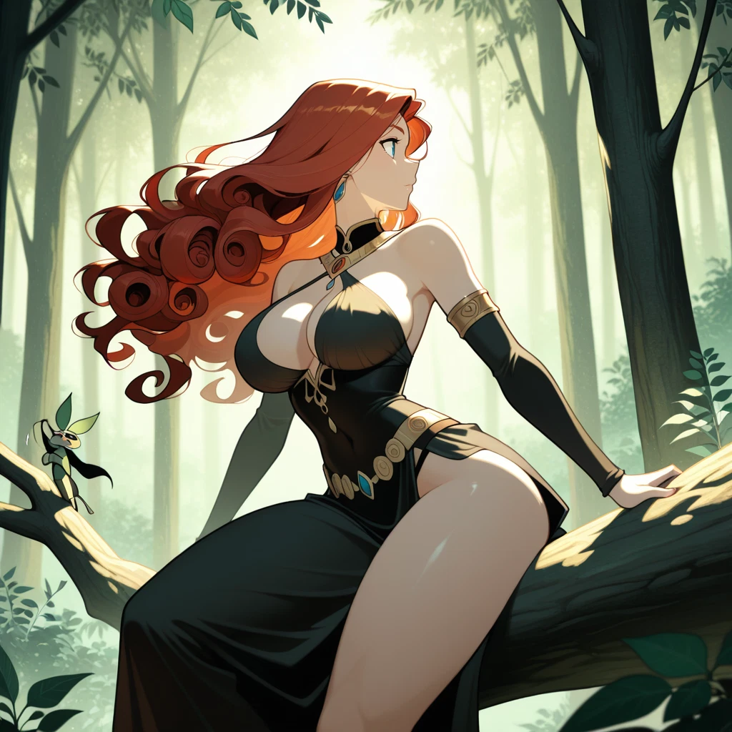 breasts, dress, long hair, detached sleeves, black dress, nature · Yamete.gg