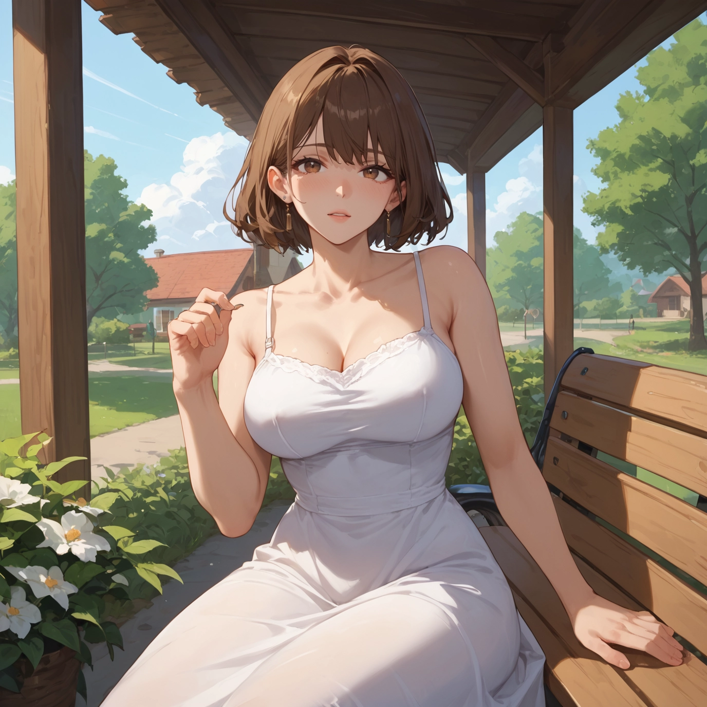 breasts, 1girl, brown hair, dress, large breasts, cleavage · Yamete.gg