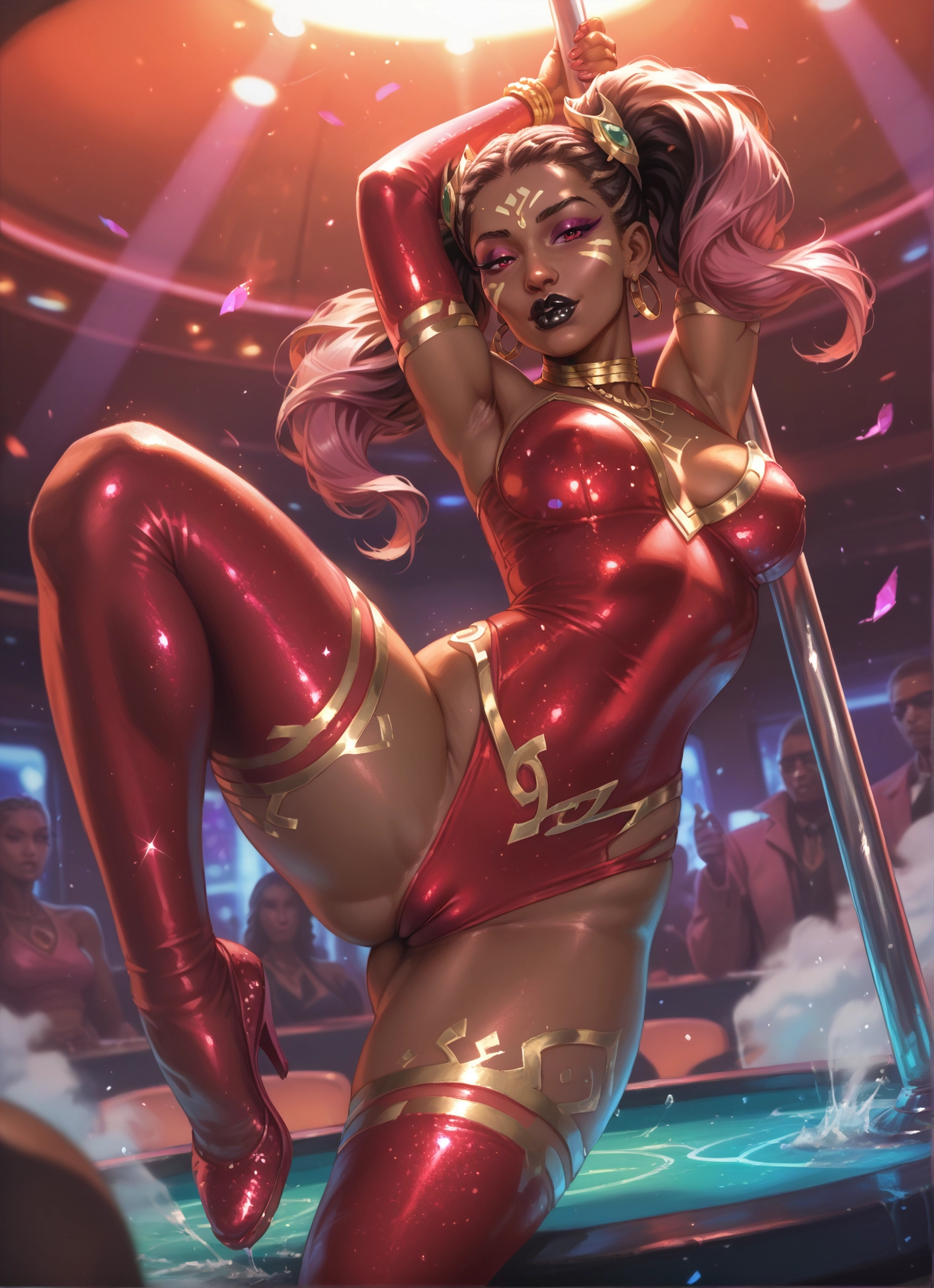 breasts, thighhighs, jewelry, twintails, dark skin, leotard · Yamete.gg