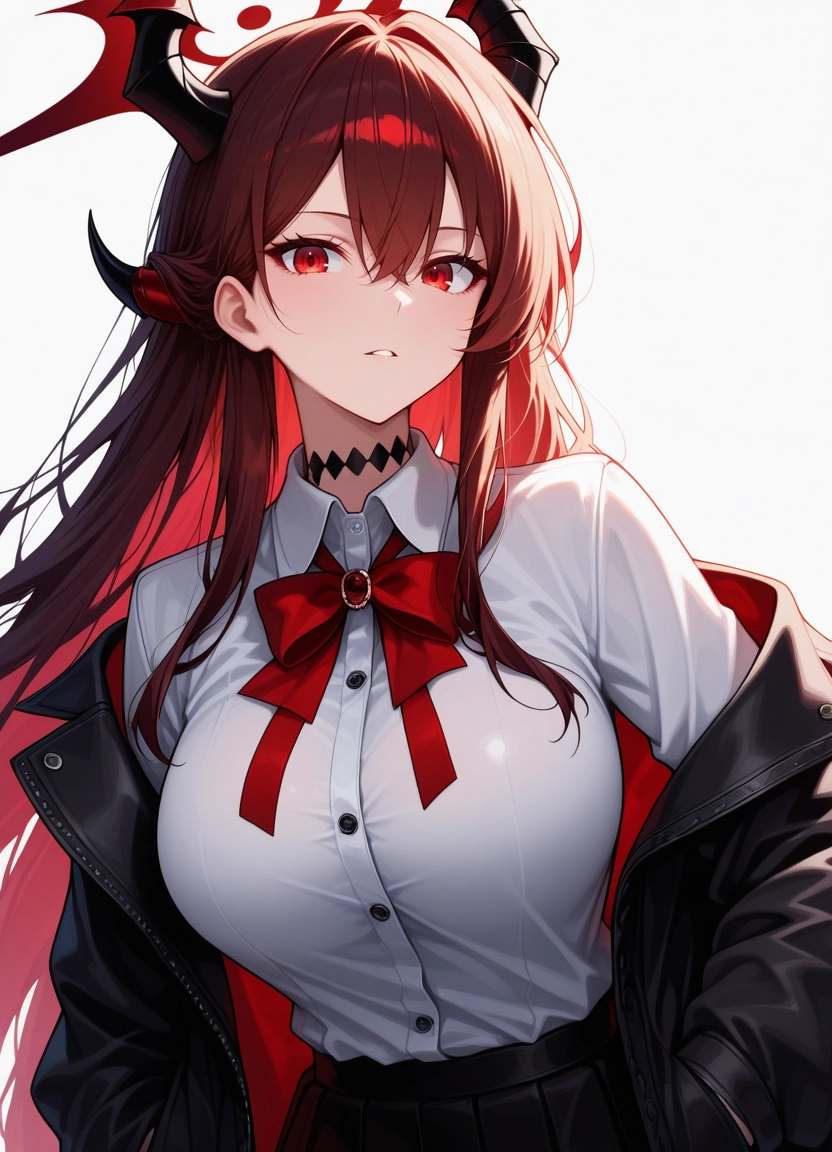 1girl, solo, horns, red eyes, shirt, bow