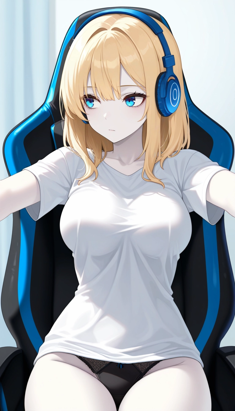 1girl, solo, underwear, panties, shirt, blonde hair · Yamete.gg