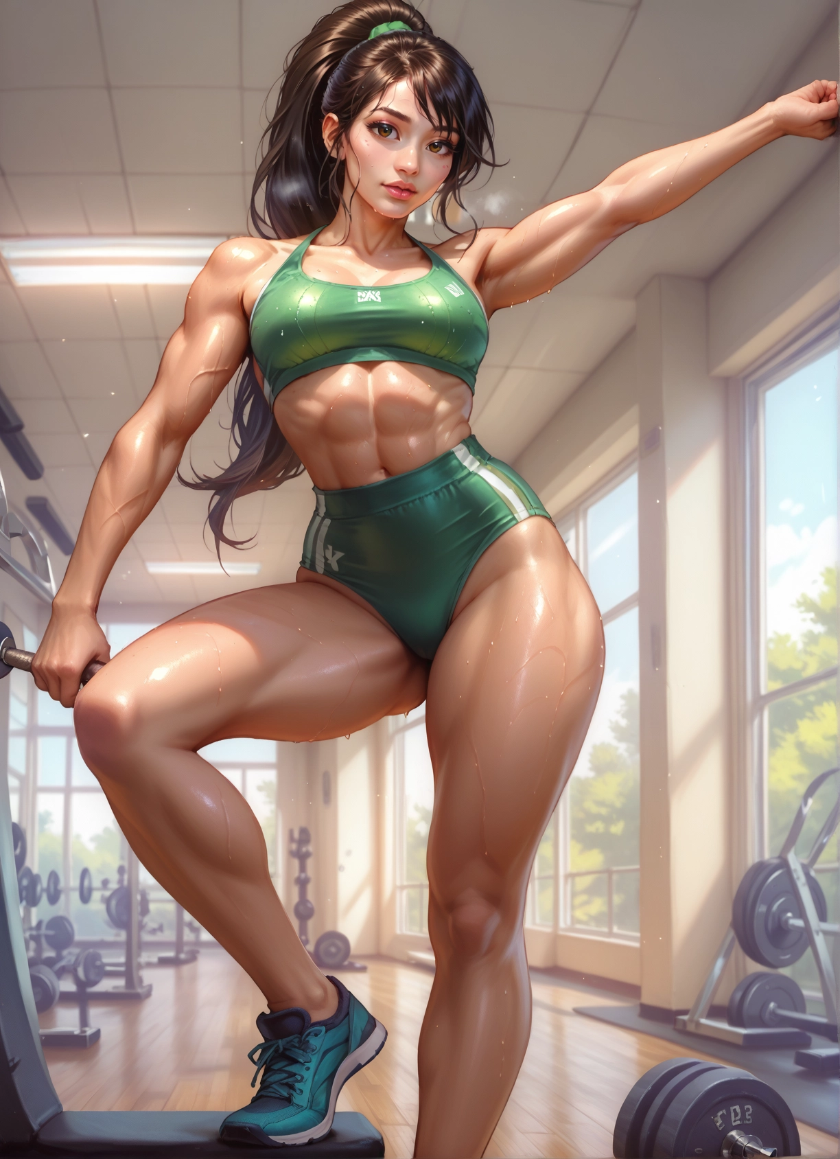 1girl, solo, abs, ponytail, sweat, brown eyes · Yamete.gg