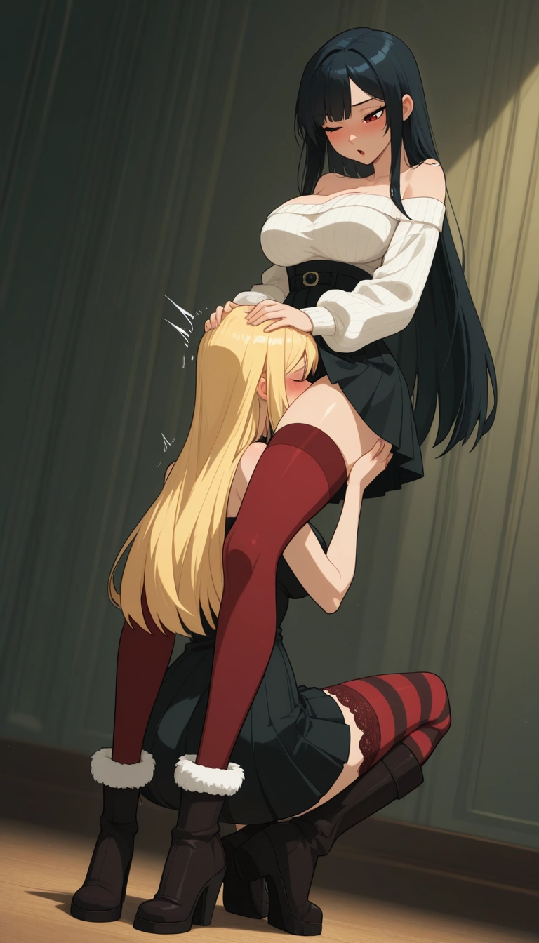 thighhighs, multiple girls, skirt, black skirt, long hair, 2girls