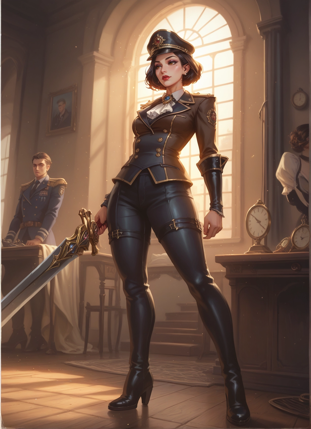 weapon, sword, hat, high heels, uniform, 1girl · Yamete.gg