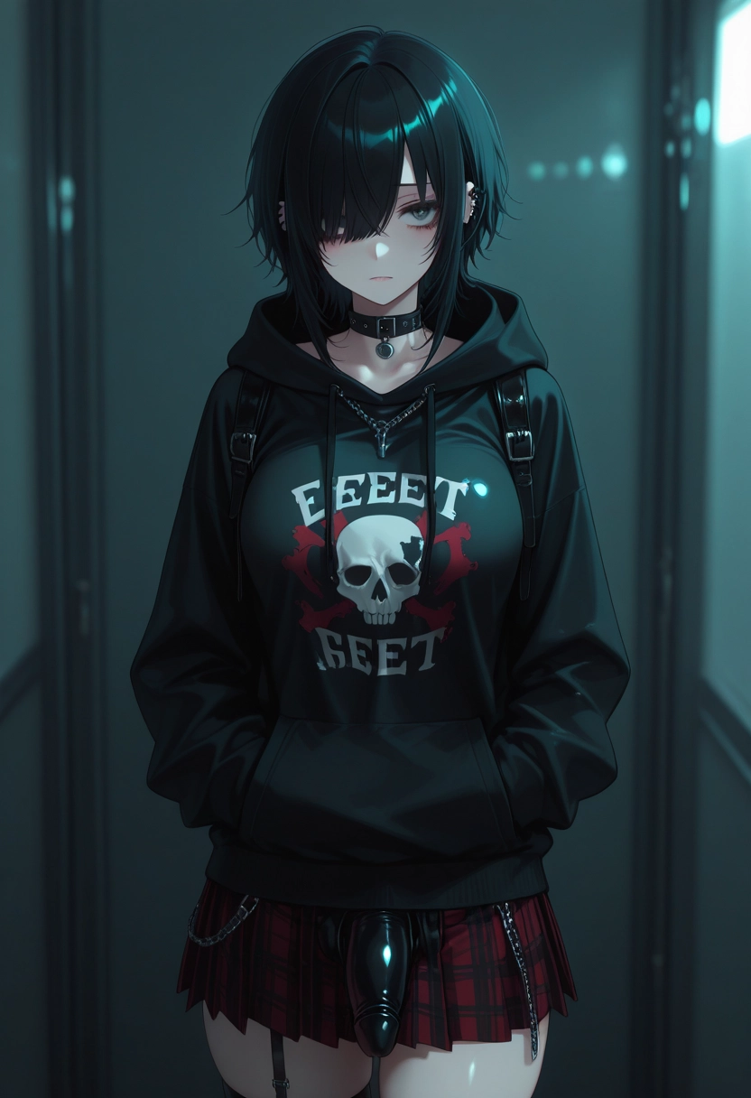 1girl, solo, hood, skirt, black hair, hoodie · Yamete.gg
